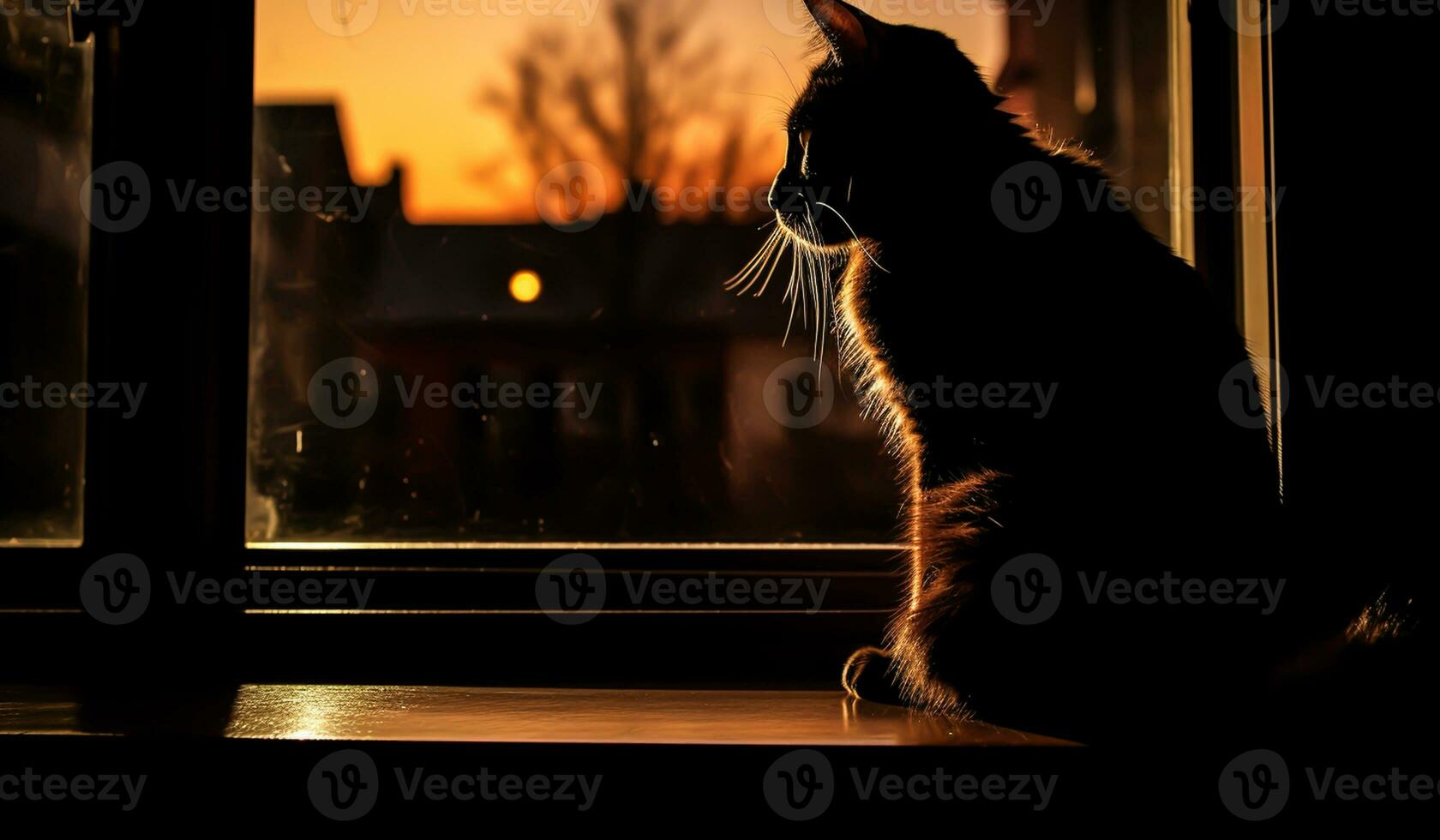 skön bild med de silhuett av en katt i de fönster, mot de ljus, på solnedgång. ai genererad foto