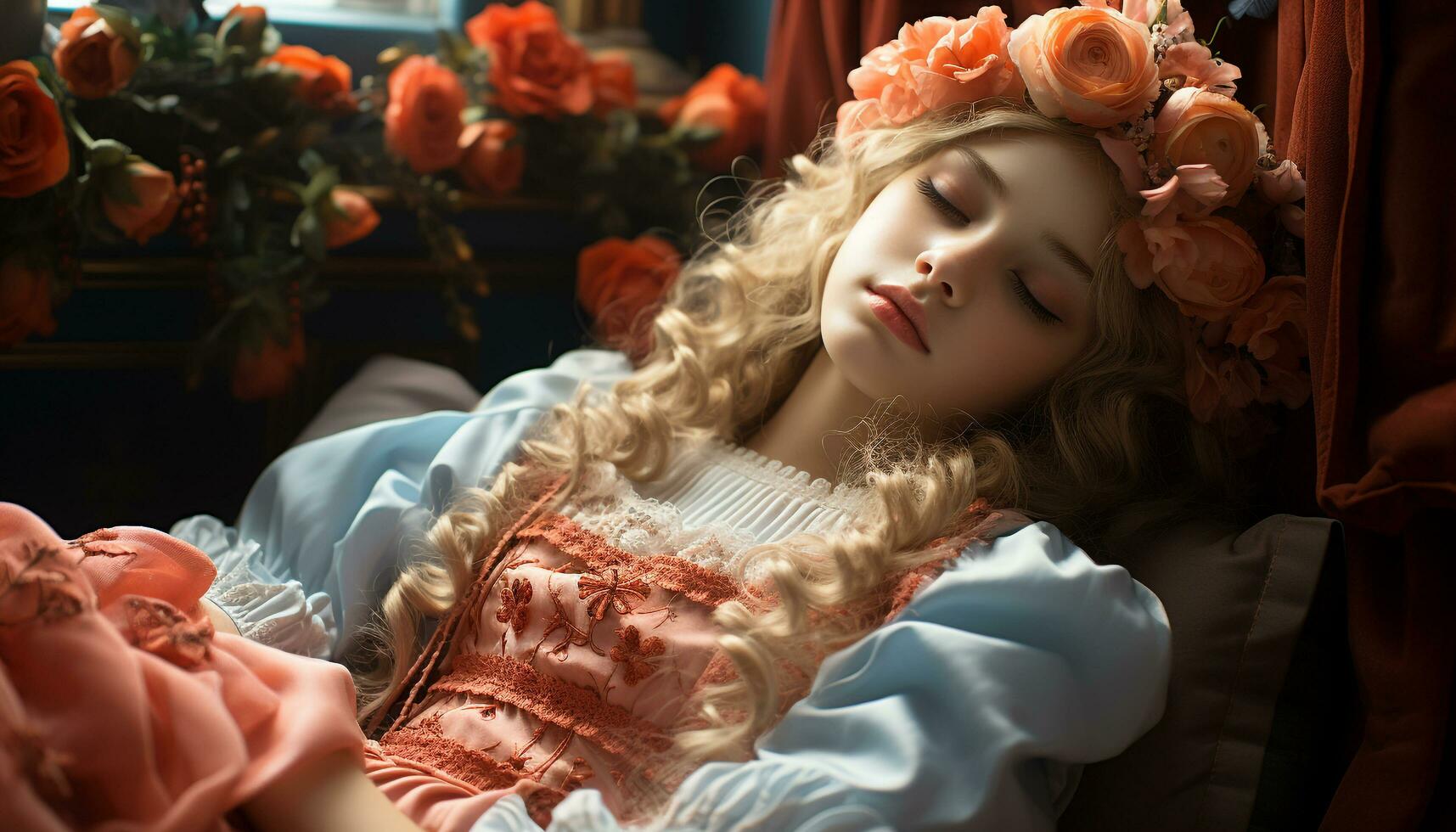 en skön caucasian flicka, klädd som en prinsessa, sovande lugnt genererad förbi ai foto