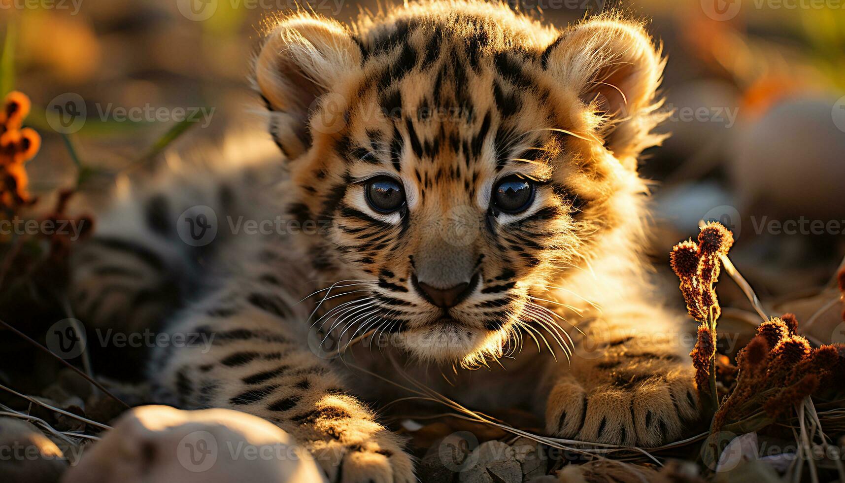 en söt ung tiger Valp stirrande, skönhet i natur fara genererad förbi ai foto