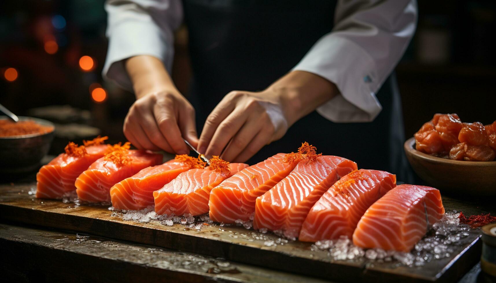 en kock hand förbereder färsk skaldjur, en gourmet måltid väntar genererad förbi ai foto