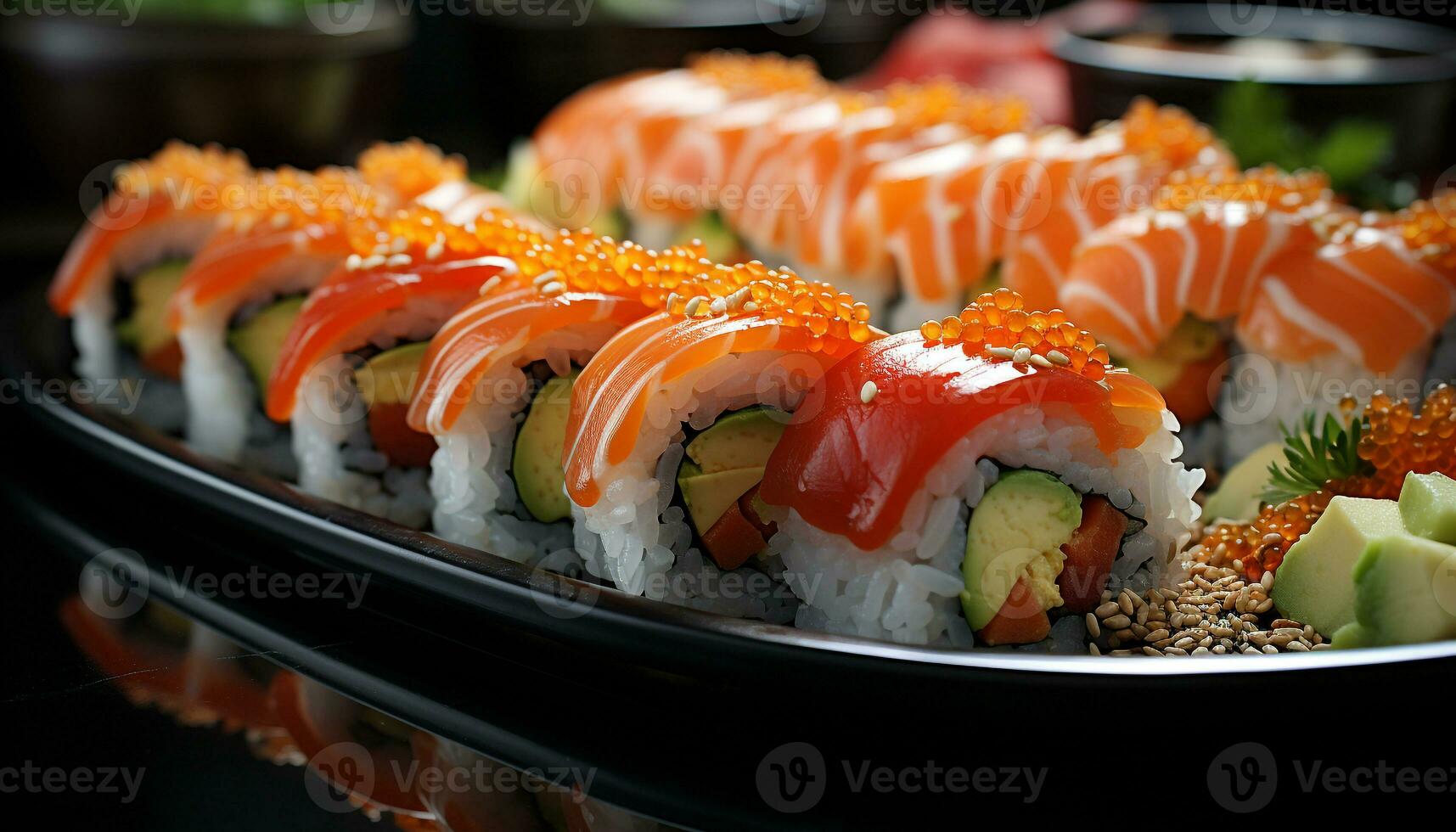 friskhet på tallrik skaldjur, sushi, sashimi, avokado, grönsak, ingefära genererad förbi ai foto