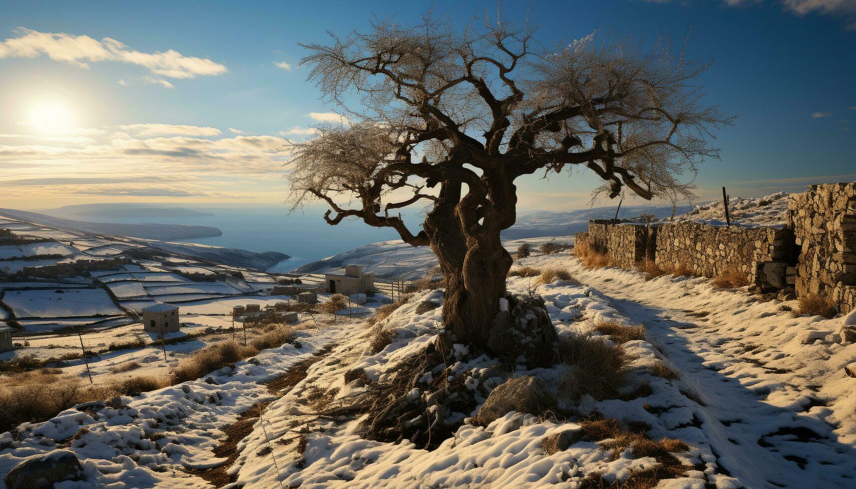 vinter- landskap snöig träd, solnedgång över berg, lugn snöig scen genererad förbi ai foto