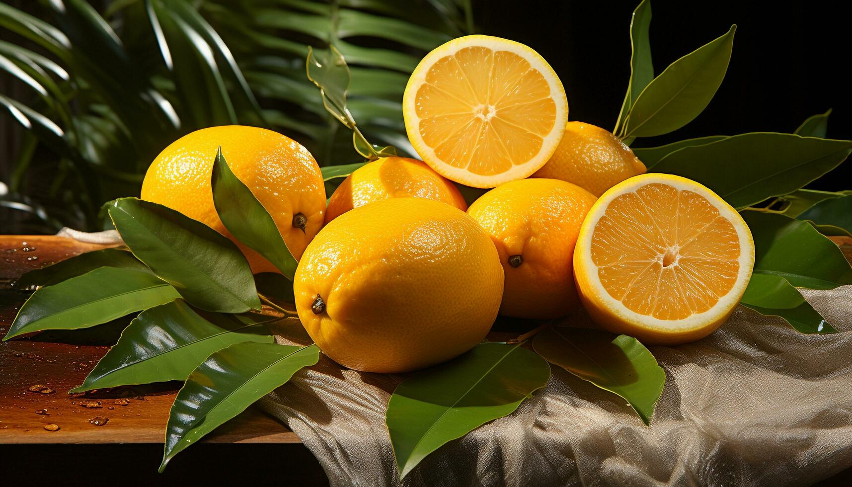 friskhet och natur kombinera i vibrerande citrus- frukt på trä- tabell genererad förbi ai foto