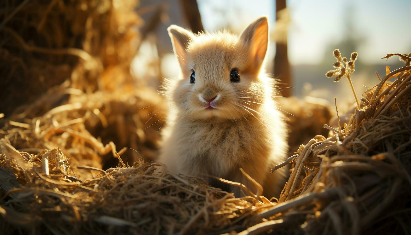 fluffig bebis kanin Sammanträde i gräs, njuter solljus genererad förbi ai foto