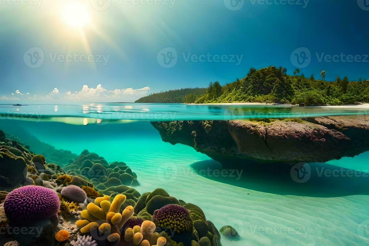 en närbild skjuta av en färgrik korall rev med en mångfald av marin arter simning runt om. kreativ resurs, ai genererad foto