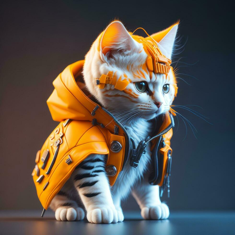 isometrisk se av en mini söt hyperrealistisk trogen soldat katt bär cyberpunk jacka. ai genererad foto