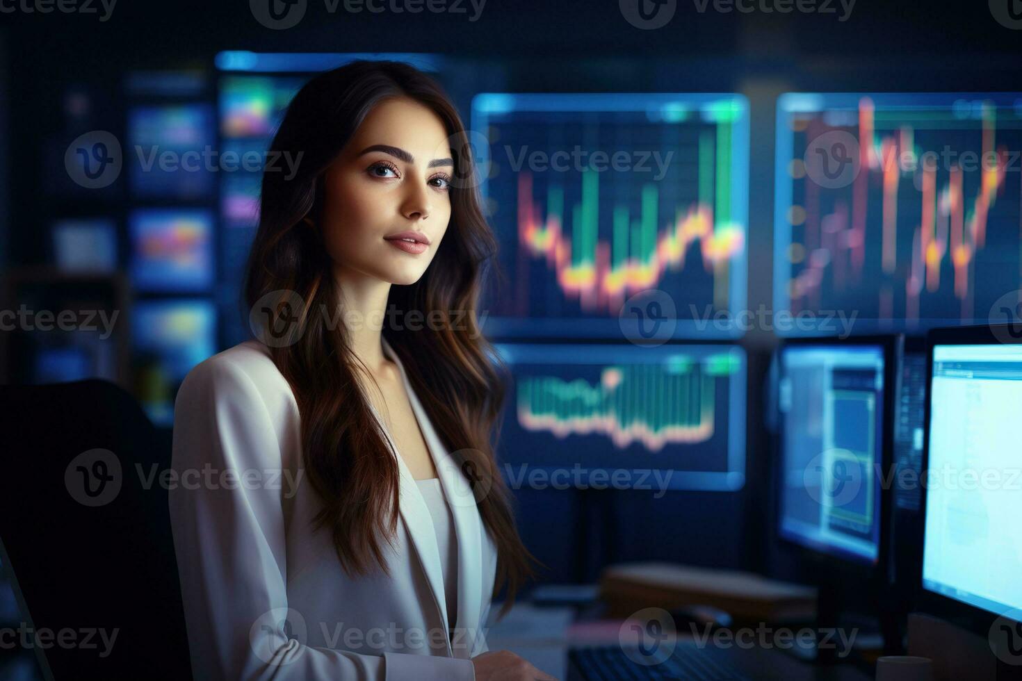porträtt av affärskvinna ser på kamera medan stående i främre av dator övervaka med stock marknadsföra Diagram ai genererad foto