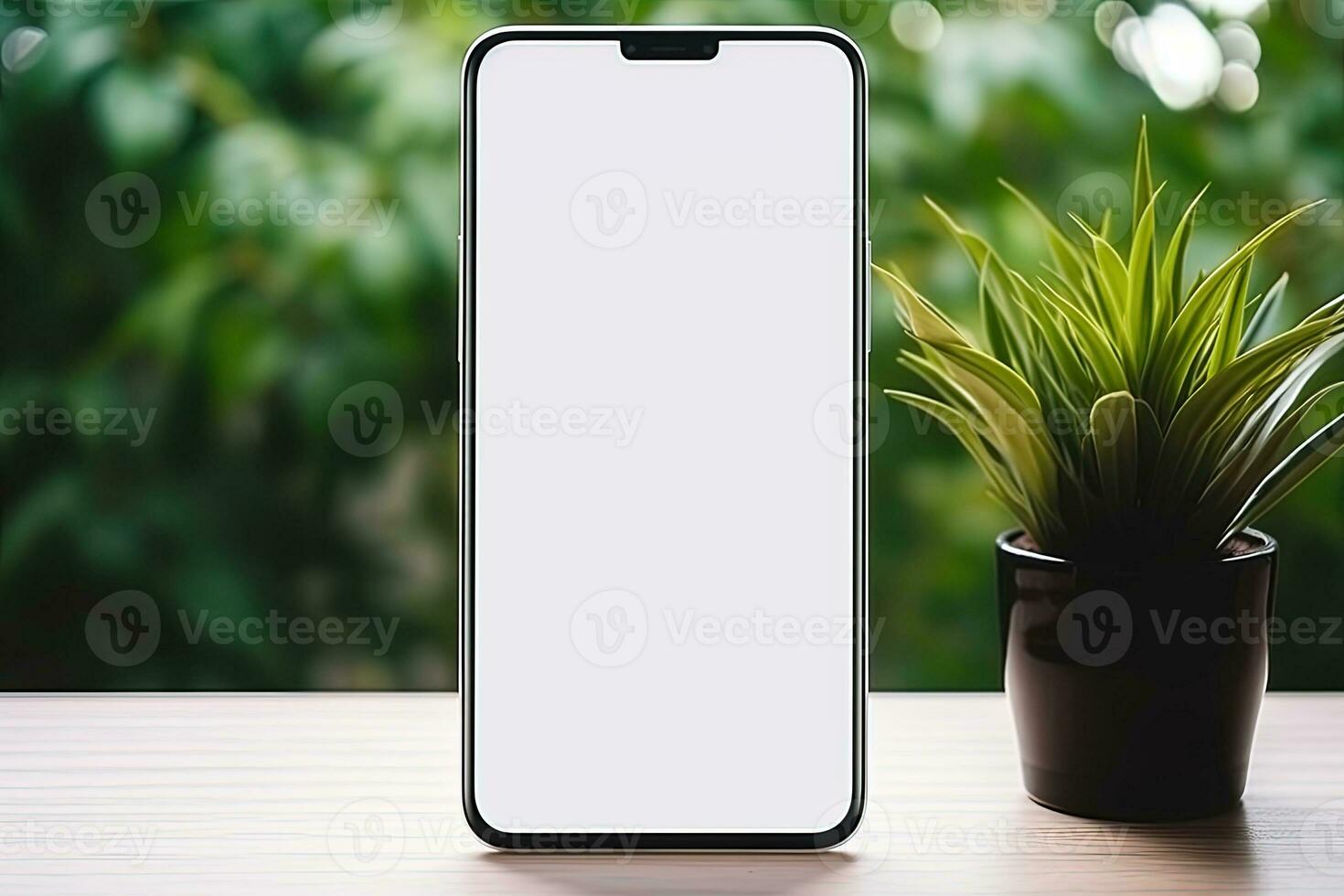 smartphone attrapp med tom skärm och saftig växt på trä- tabell ai genererad foto