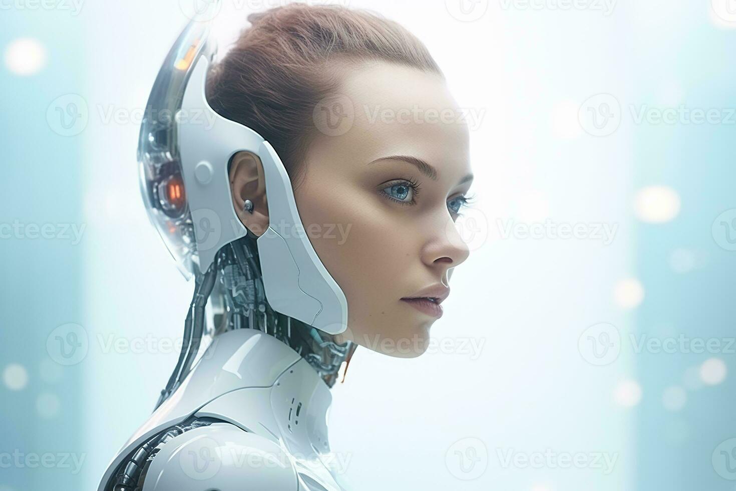 porträtt av en robot i en vit trogen interiör, konstgjord intelligens begrepp ai genererad foto