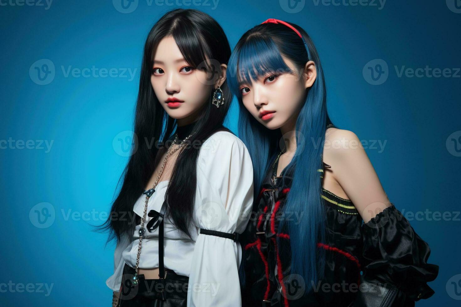 porträtt av två skön asiatisk kvinnor i mode klädespersedlar på blå bakgrund ai genererad foto