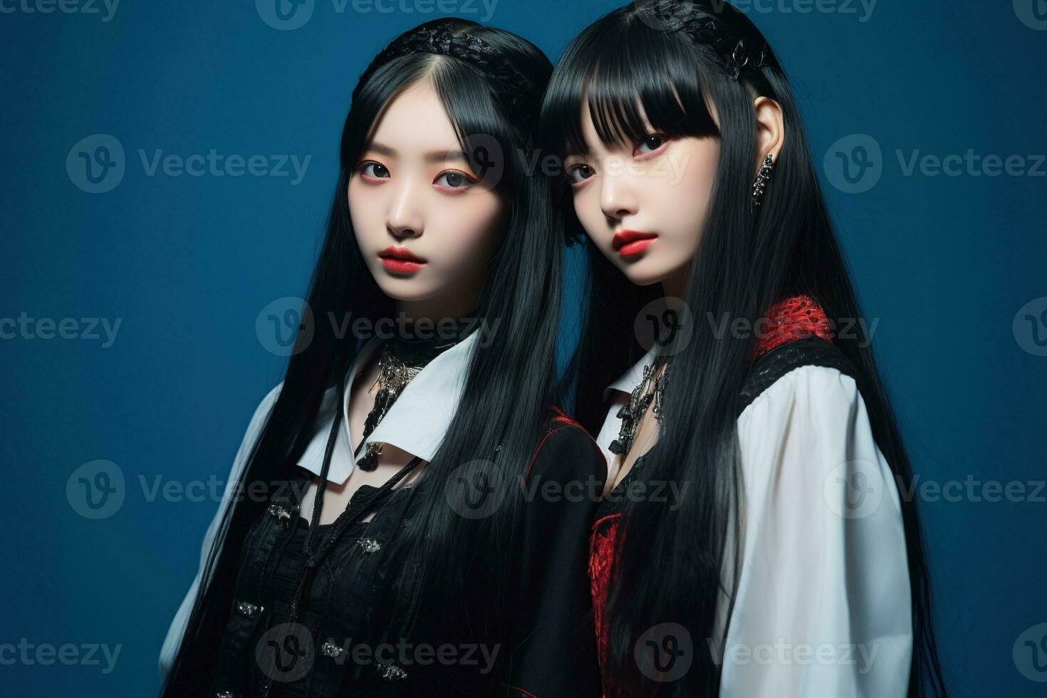 porträtt av två skön asiatisk kvinnor i mode klädespersedlar på blå bakgrund ai genererad foto