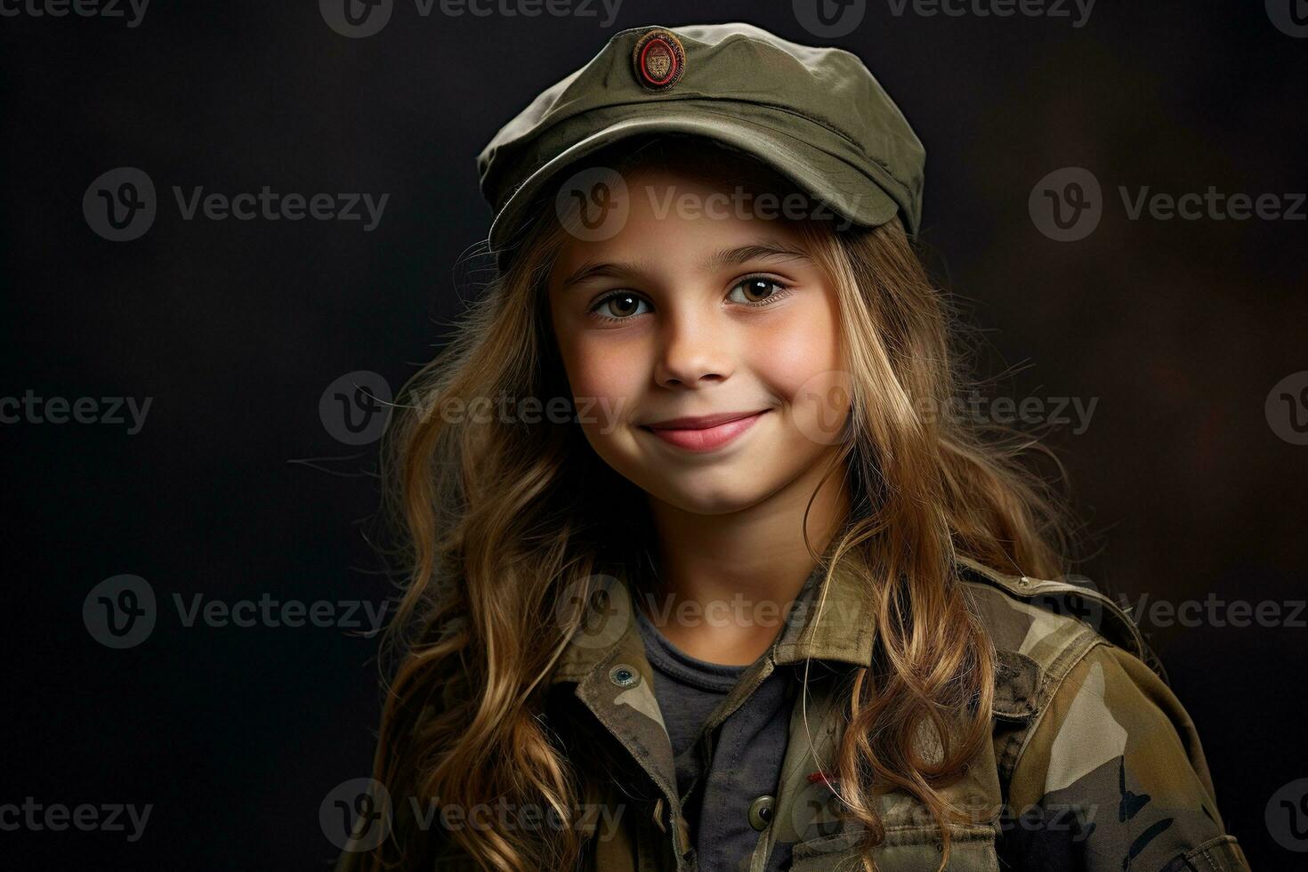 porträtt av en liten flicka i en militär enhetlig. studio skott. ai genererad foto