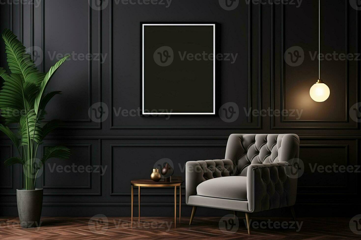 svart klassisk interiör med fåtölj, kaffe tabell och inlagd växt. falsk upp affisch ram foto