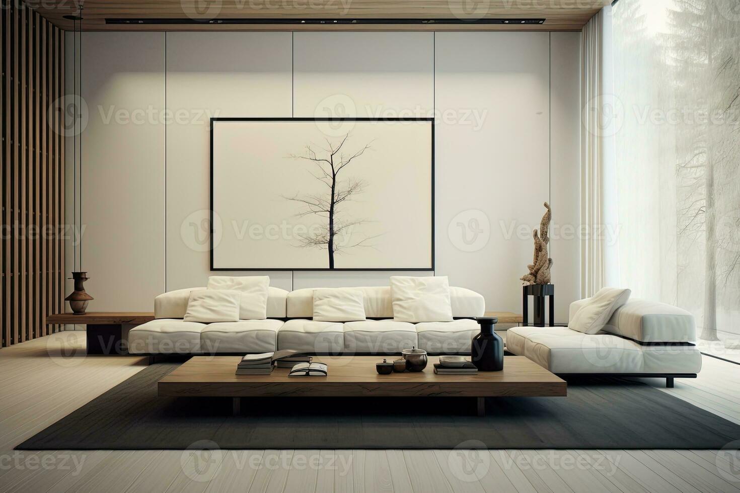 minimalistisk levande rum interiör med vit väggar, trä- golv, bekväm soffa stående nära kaffe tabell och affisch ram foto