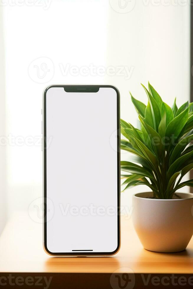attrapp smartphone med tom skärm på tabell med grön växt ai genererad foto