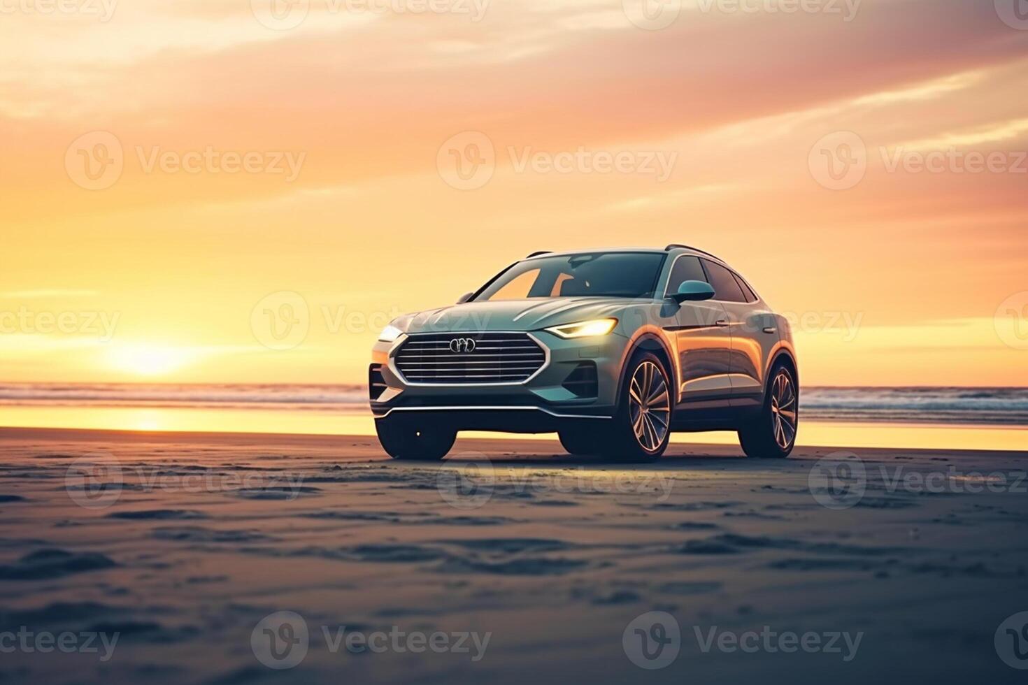 3d tolkning av en märkeslös generisk sUV bil på de strand ai genererad foto