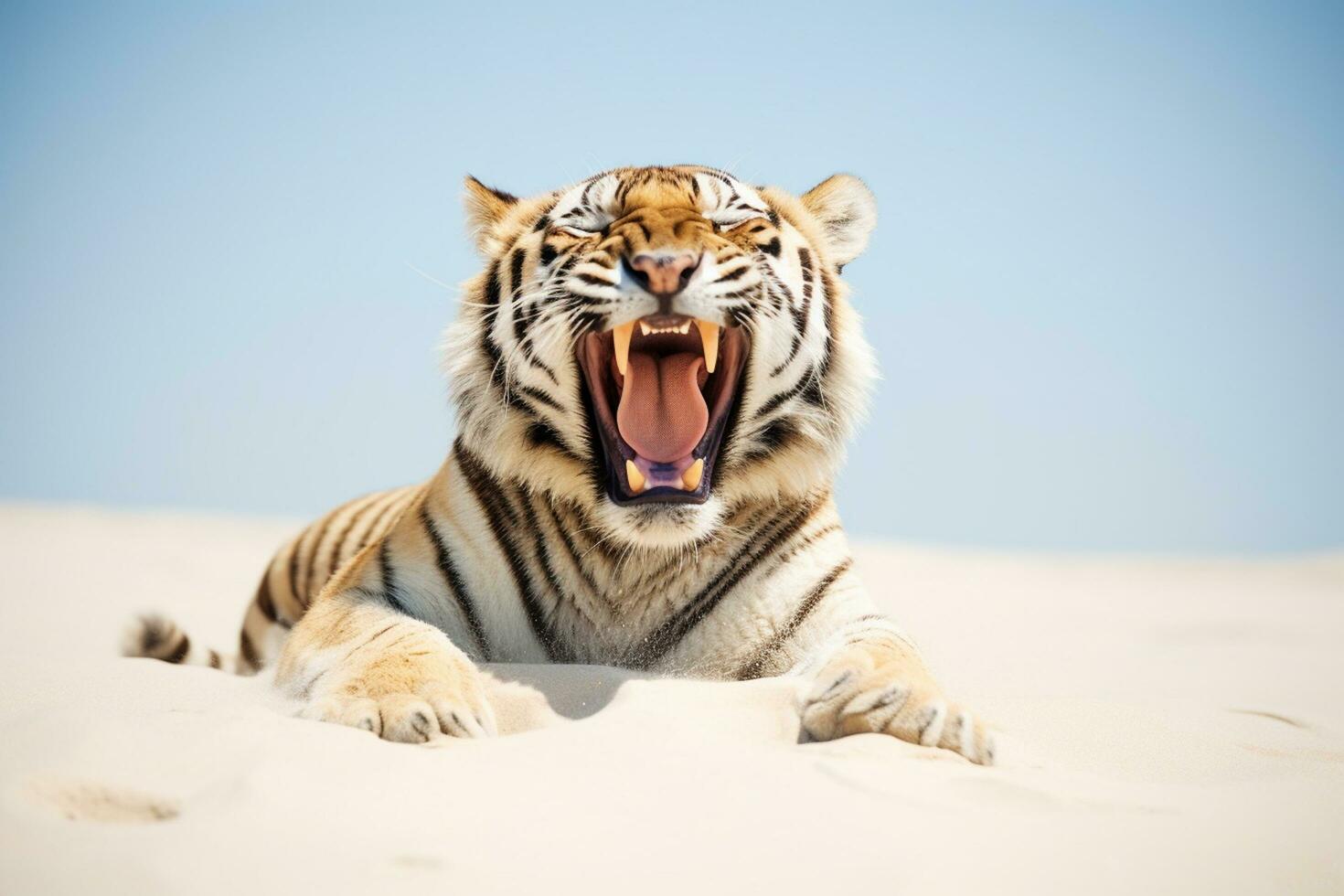 tiger vilar på de strand natur se ai genererad foto