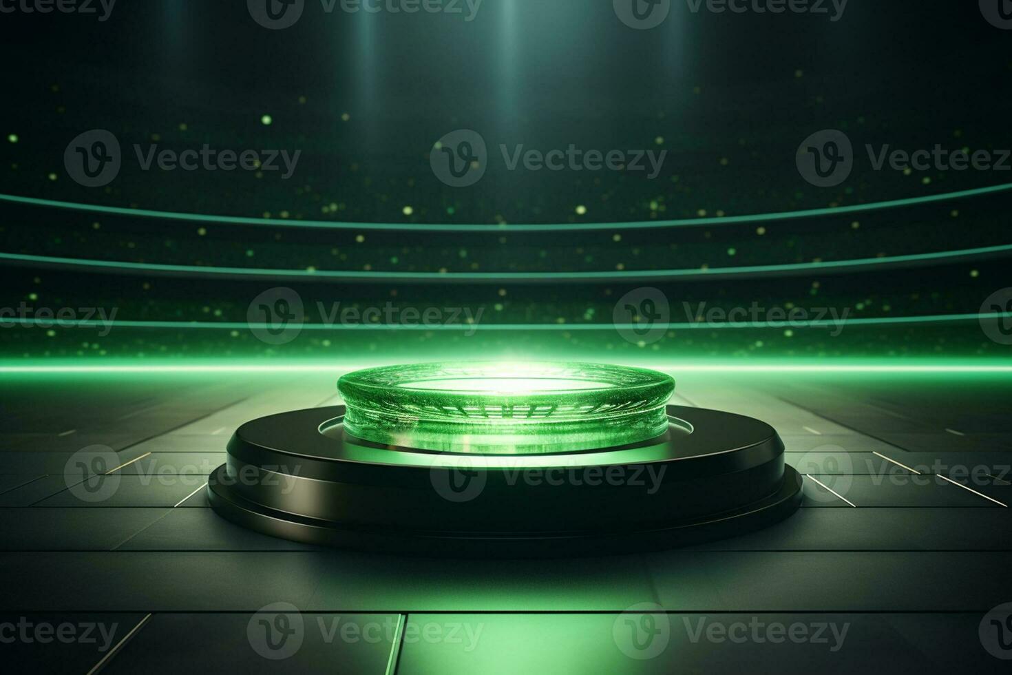grön runda podium i mörk rum med neon lampor. 3d tolkning ai genererad foto