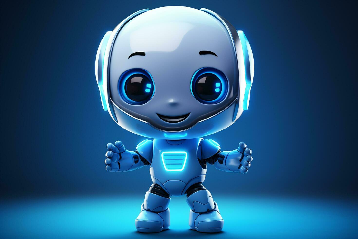 3d tolkning av en söt robot karaktär med hörlurar isolerat på mörk blå bakgrund ai genererad foto