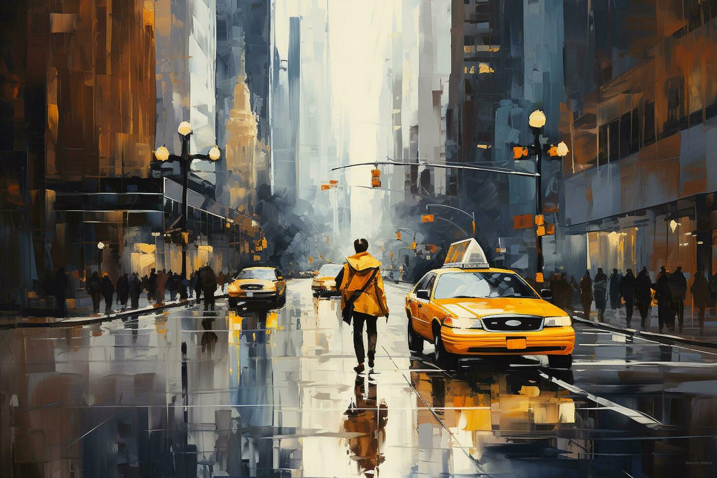 gul taxi cab körning genom gånger fyrkant i ny york. ai genererad foto