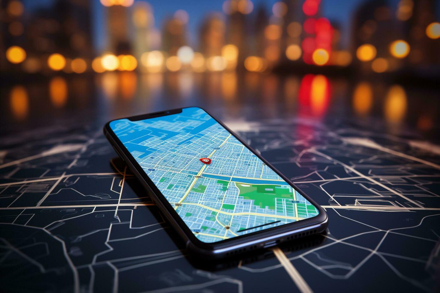 smartphone med stad Karta på de bakgrund av de natt stad. ai genererad foto