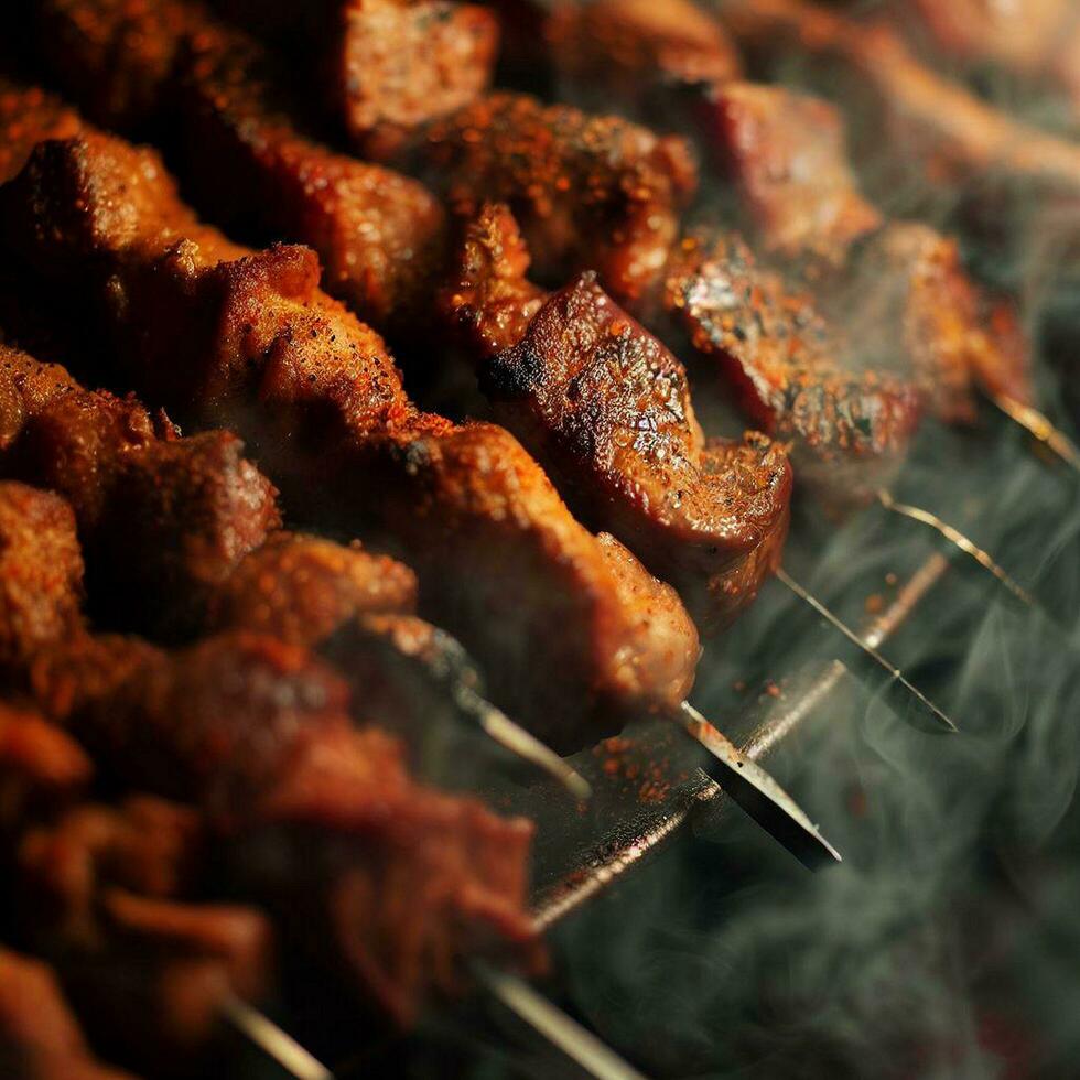 välsmakande shish kebab med en ledtråd av krydda generativ ai foto