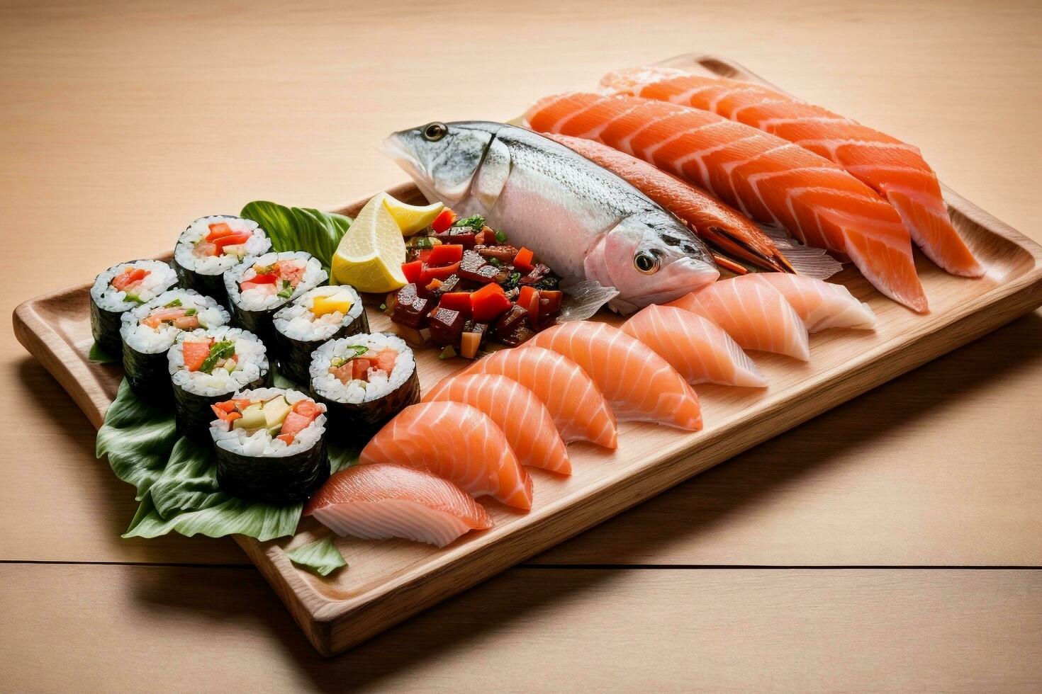 gourmet färsk skaldjur tallrik med sushi sashimi och wasabi förbi generativ ai foto