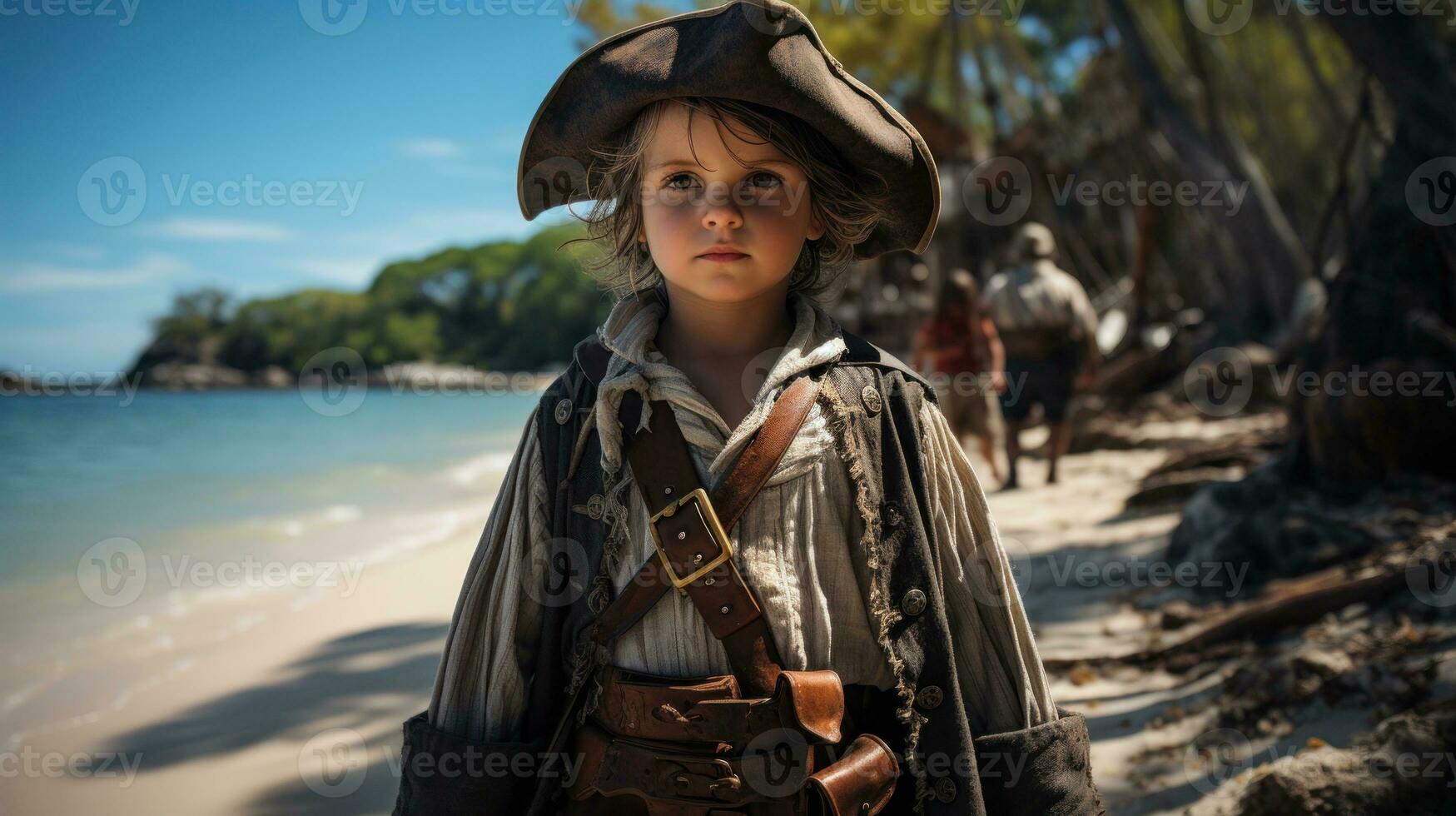 liten pojke klädd som en pirat sökande för skatt.. generativ ai foto