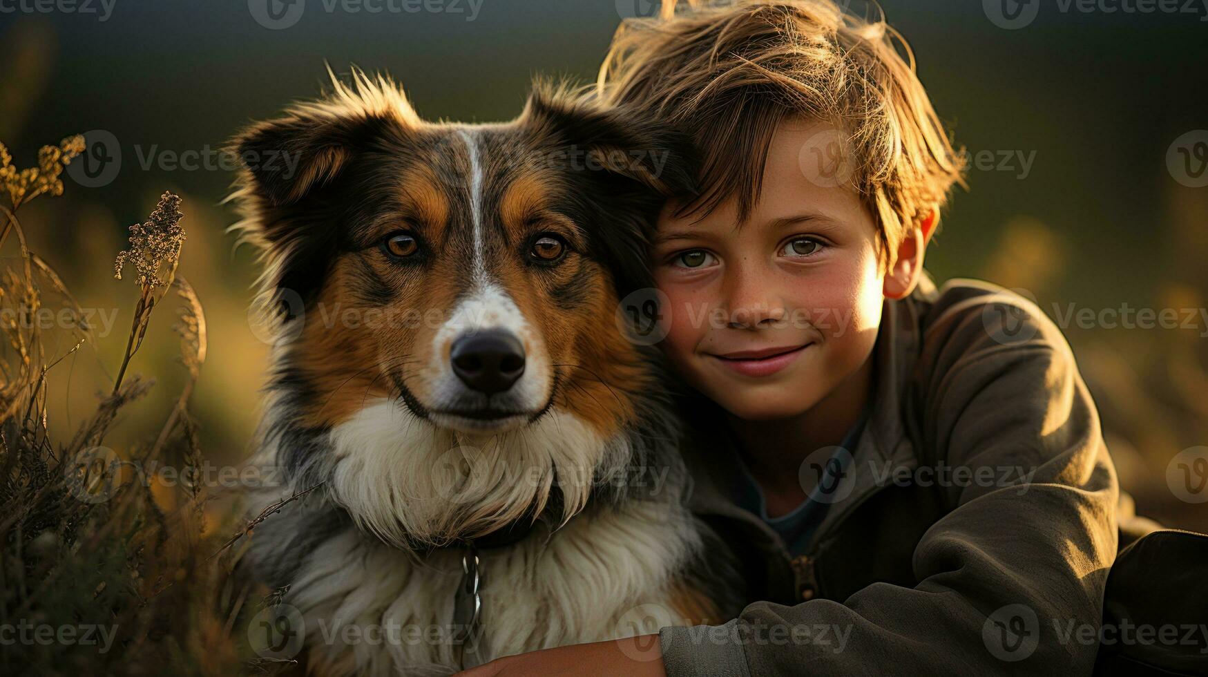 en pojke Sammanträde i de landsbygden med hans hund vän. generativ ai foto