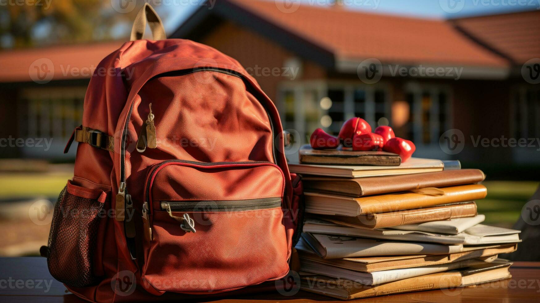 närbild Foto av ryggsäck och böcker i de skola gård. generativ ai