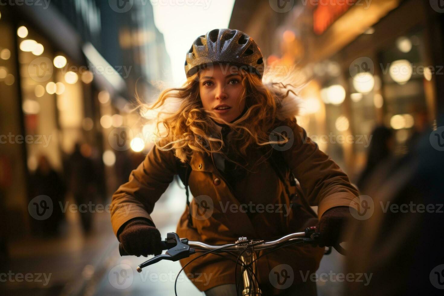 en kvinna ridning en cykel på en regnig kväll gata. generativ ai foto