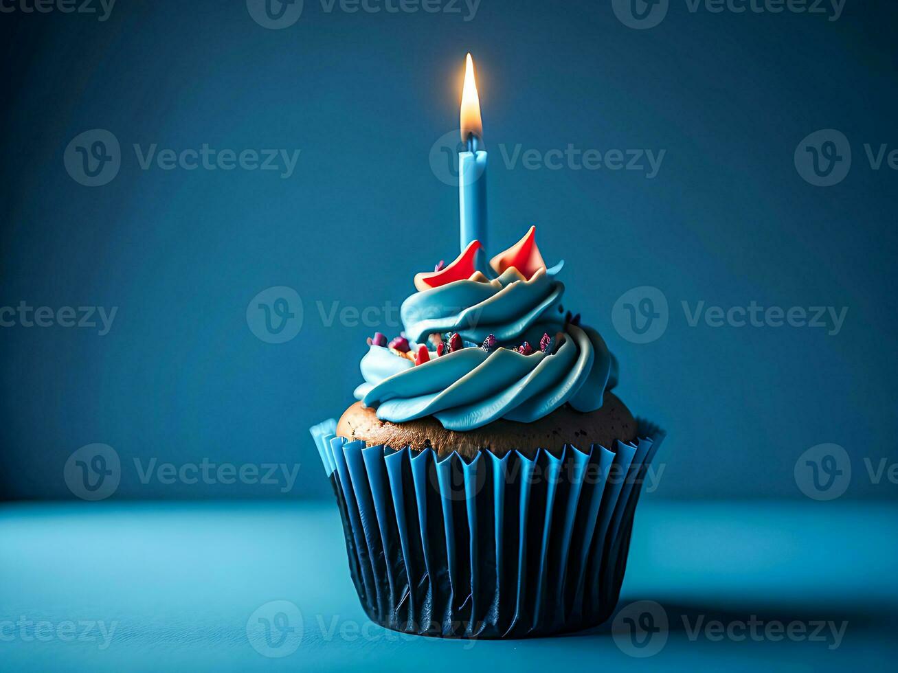 födelsedag bakgrund med rosa födelsedag muffin och ljus, födelsedag gåva och fest hatt, kopia Plats generativ ai foto