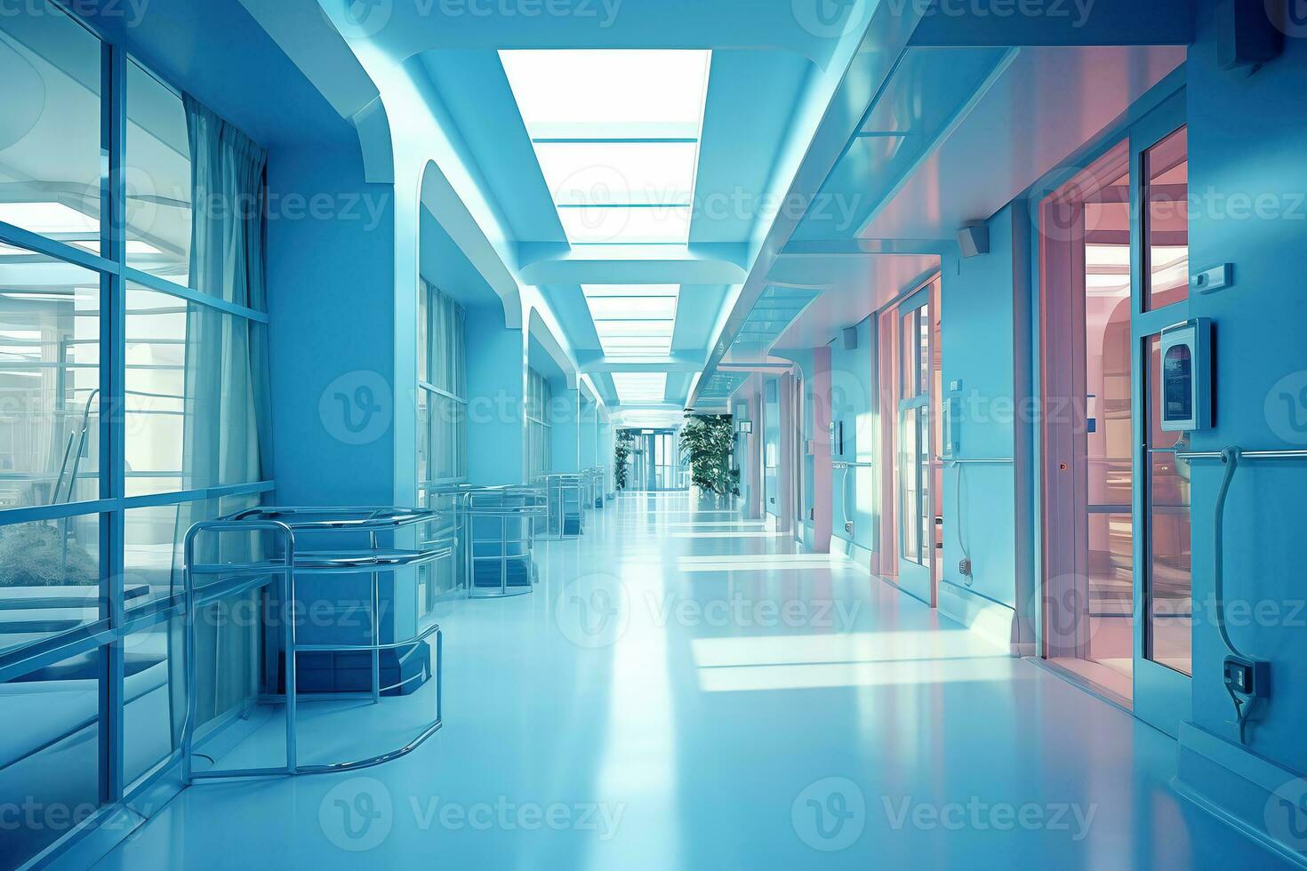 korridor av en modern sjukhus eller medicinsk Centrum, klinik. medicinsk institution begrepp. ai genererad foto