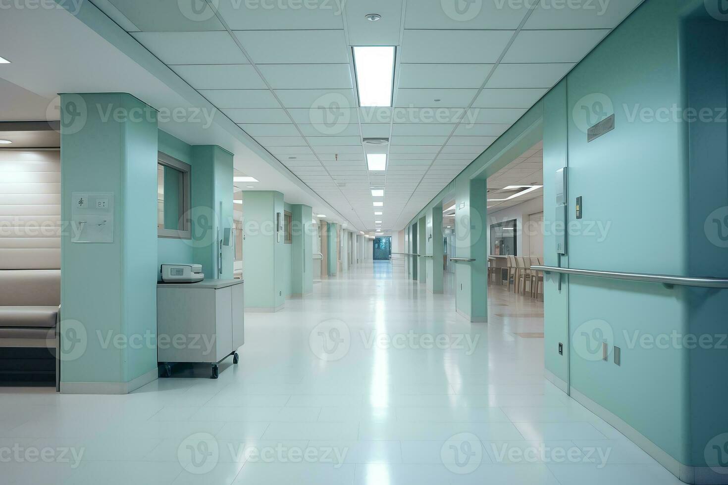 korridor av en sjukhus eller medicinsk Centrum, klinik. medicinsk institution begrepp. ai genererad. foto