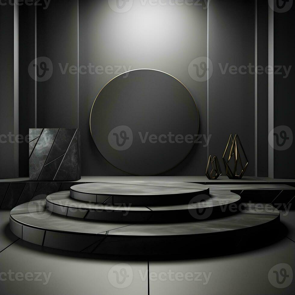 sten och sten form 3d framställa illustration. runda podium, piedestal för varumärke produkt utställning. fast mörk svart Färg ai generativ illustration. foto