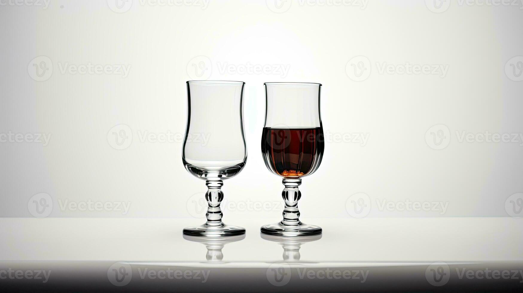ai generativ två glasögon av brandy på en vit bakgrund. tömma glas och full glas på tabell. foto