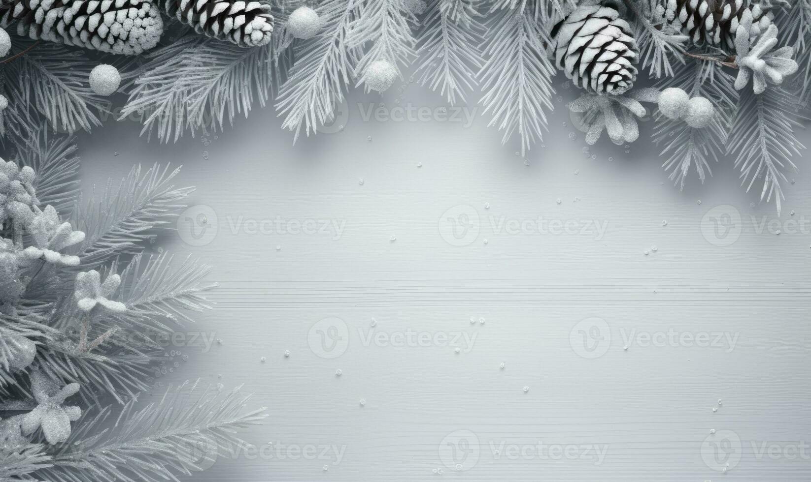 ai genererad jul bakgrund. gran gren och snöflingor ram. Plats för text. foto