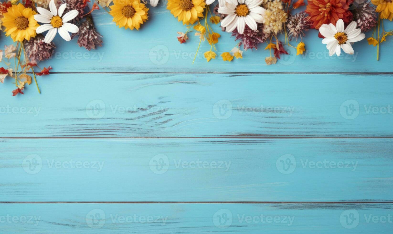 ai genererad höst blommor ram på trä- bakgrund. säsong- gul och röd blommor. höst bakgrund. Plats för text. foto