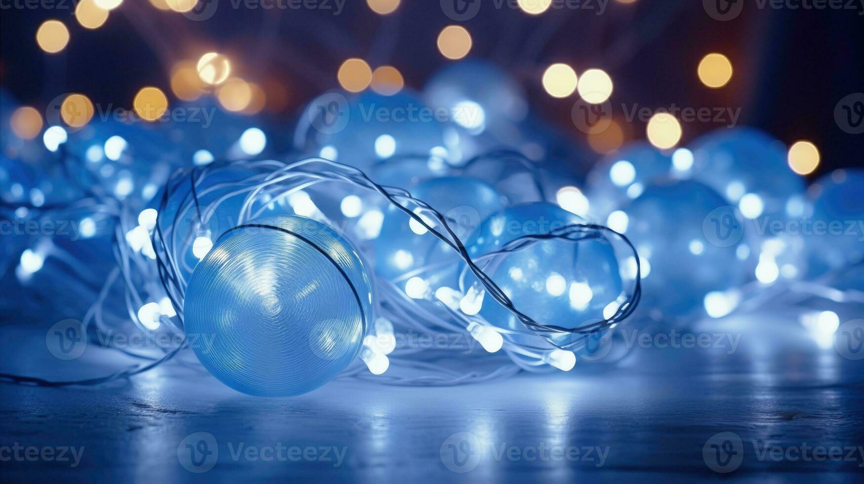 ai generativ jul lampor på en blå bakgrund med bokeh effekt. jul bakgrund. närbild se med djup av arkiveras. foto