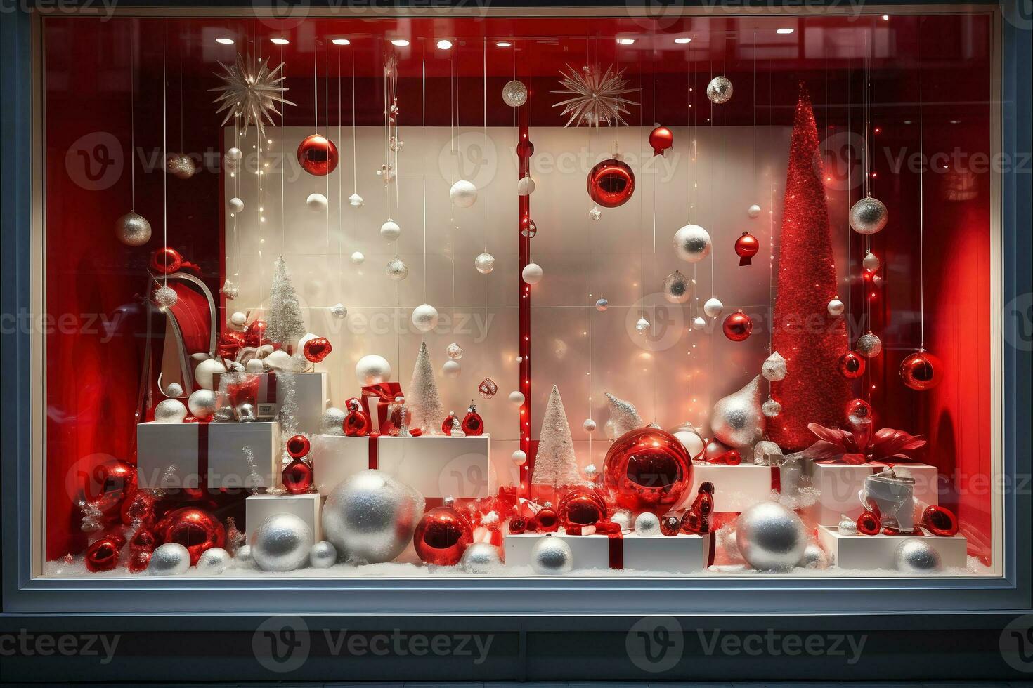 affär fönster med festlig röd vit jul dekorationer. ai generativ. foto