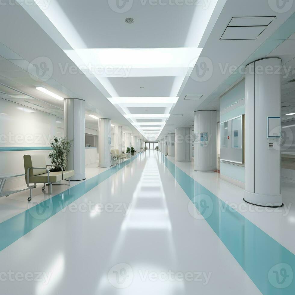 hall av en modern sjukhus eller medicinsk Centrum, klinik. medicinsk institution begrepp. ai genererad. foto