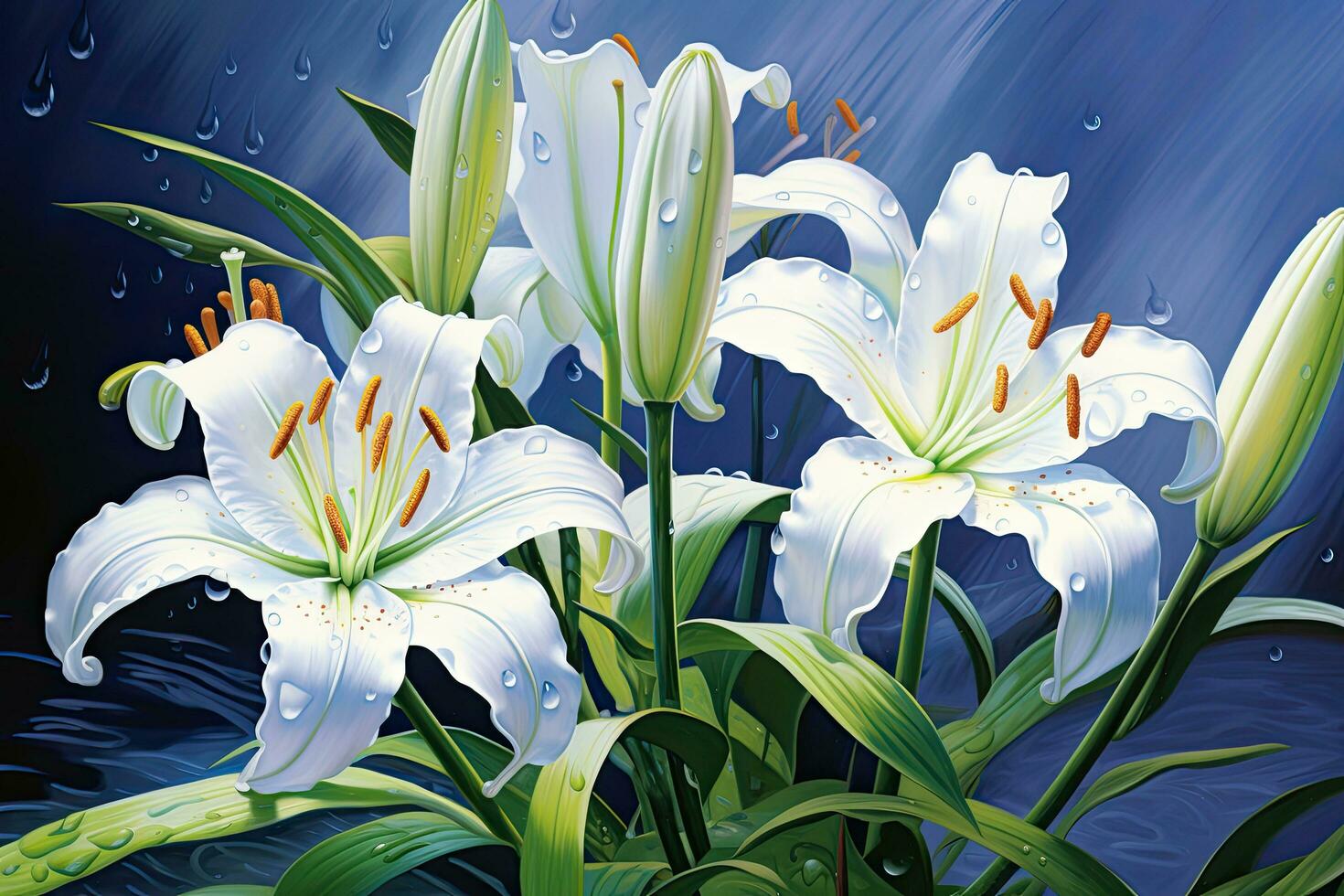 illustration av vit liljor på en mörk bakgrund med vatten droppar, skön botaniska lilja blomma olja måla illustration, ai genererad foto