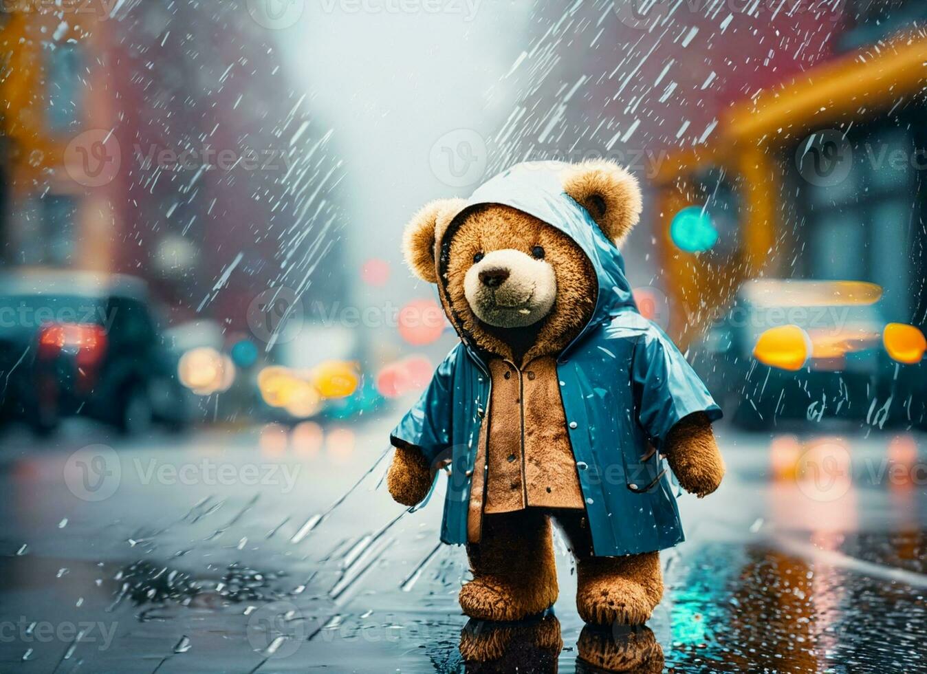 teddy Björn ha på sig regnkappa på de gata foto