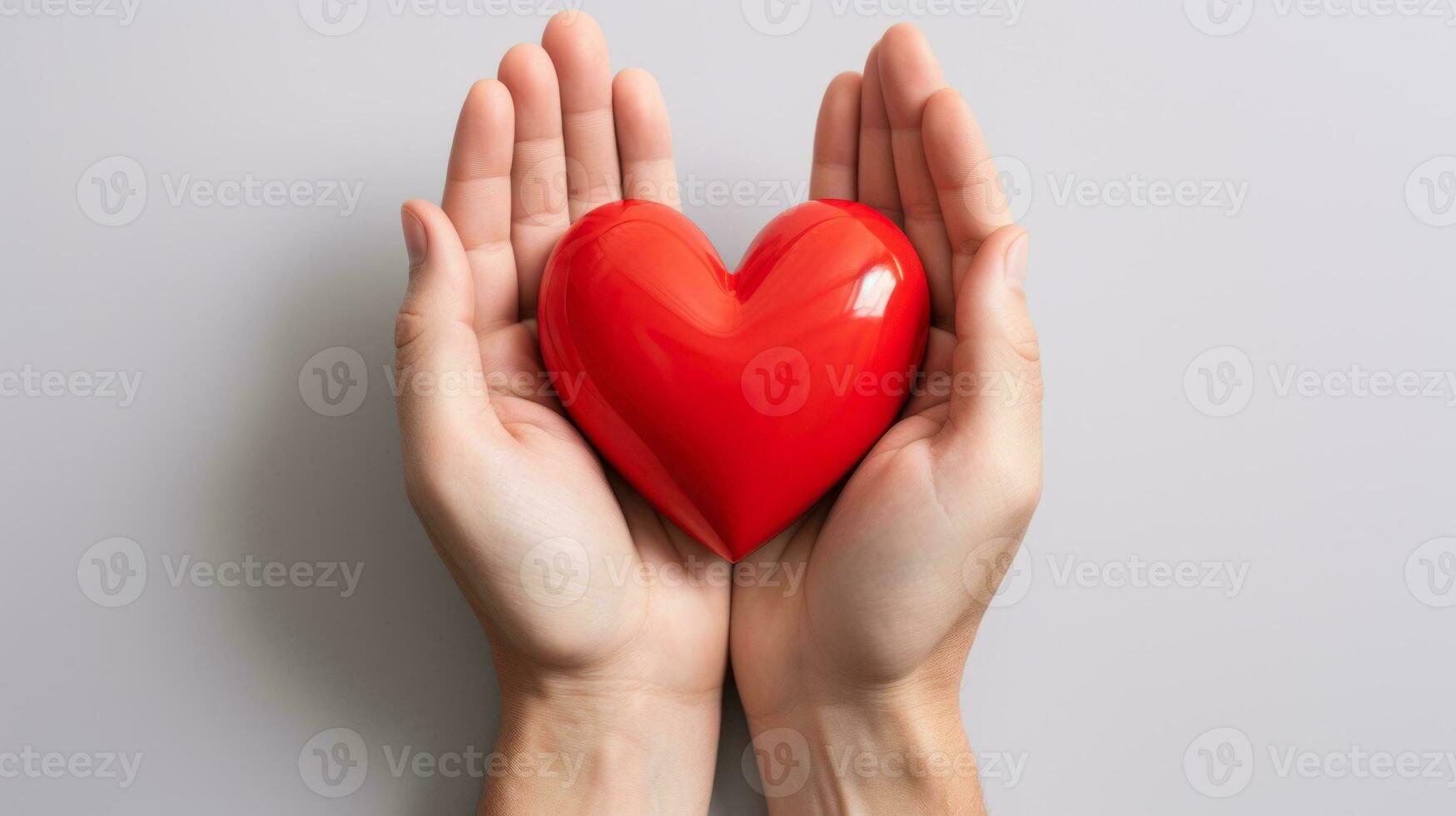 närbild av händer innehav en stor röd hjärta i de palmer generativ ai foto