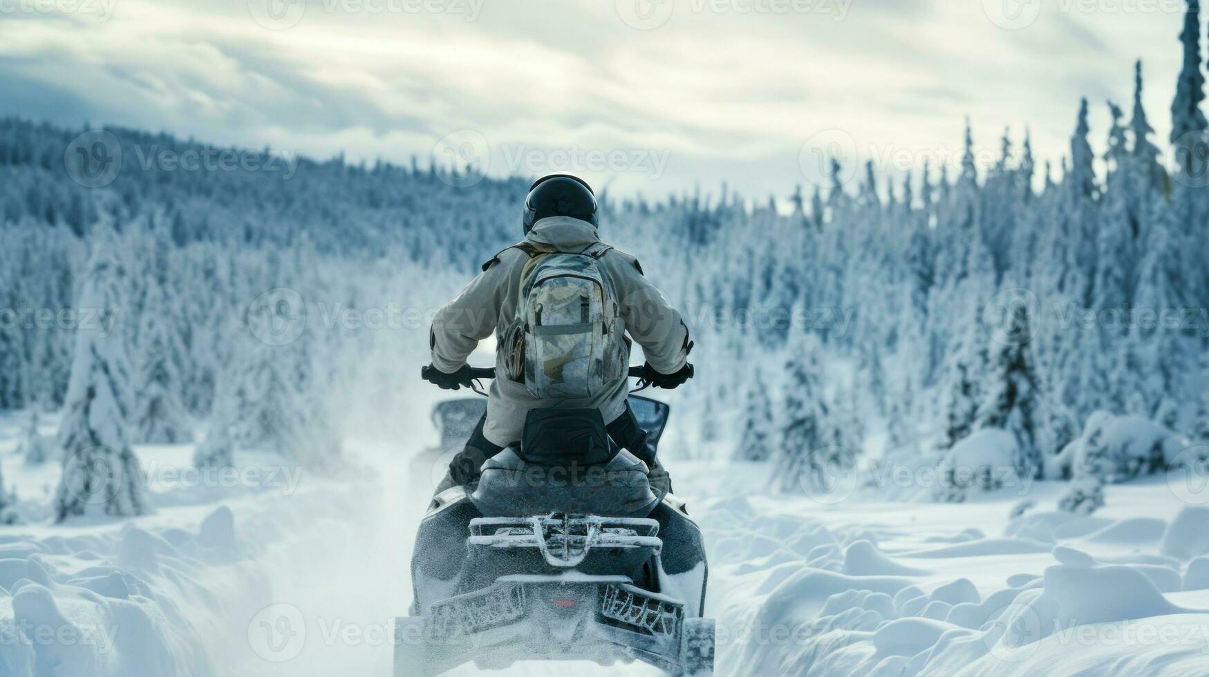 de jägare rider genom de vinter- skog på en snöskoter i de snö generativ ai foto