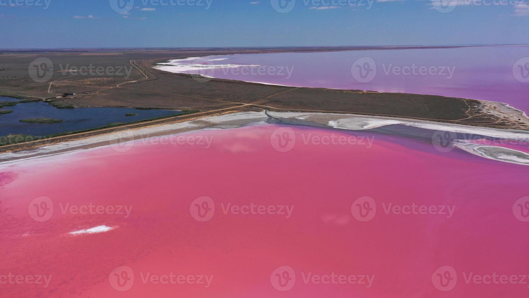 Flygfoto över den rosa sjön med saltstranden foto