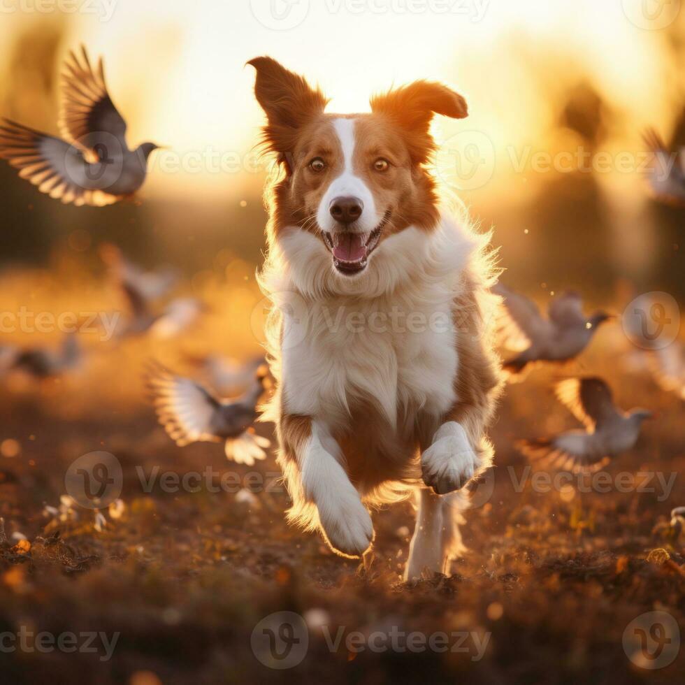 röd gräns collie kör genom de fält med flygande fåglar på solnedgång. ai generativ foto