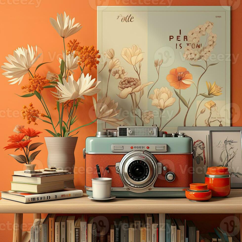 retro kamera med blommor och löv på de bakgrund. 3d illustration. ai generativ foto