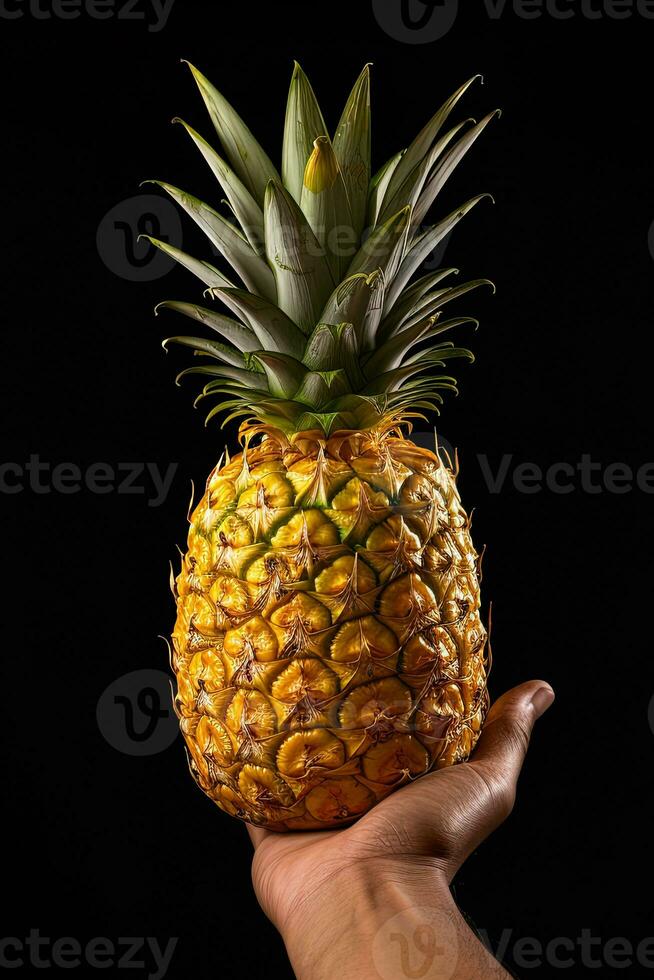 hand håll färsk ananas isolerat på en svart bakgrund. ai genererad foto