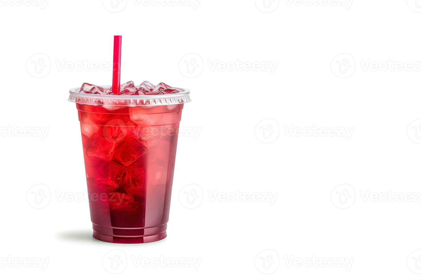 röd dryck i en plast kopp isolerat på en vit bakgrund. ta bort drycker begrepp med kopia Plats. ai genererad foto